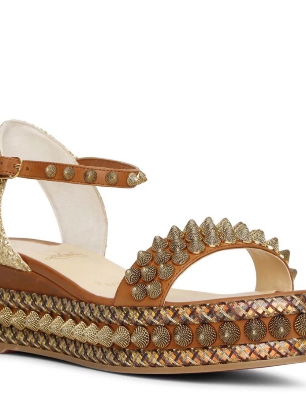 Christian Louboutin Pyraclou Studded Wedge Sandals Gold Brown Size 39 / 8.5